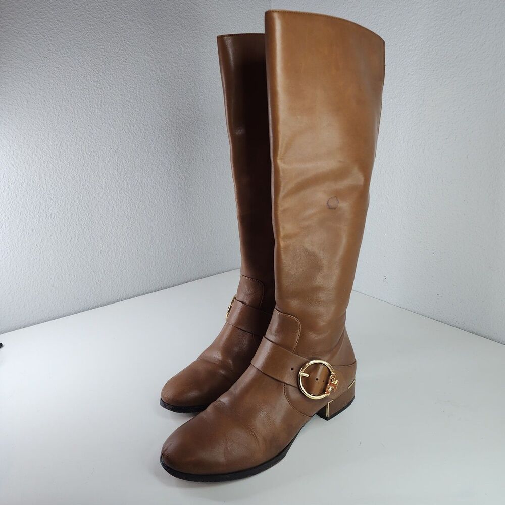 Tory Burch Brown Leather Tall Riding Boots Gold Buckle Logo Women’s 9.5 M $249